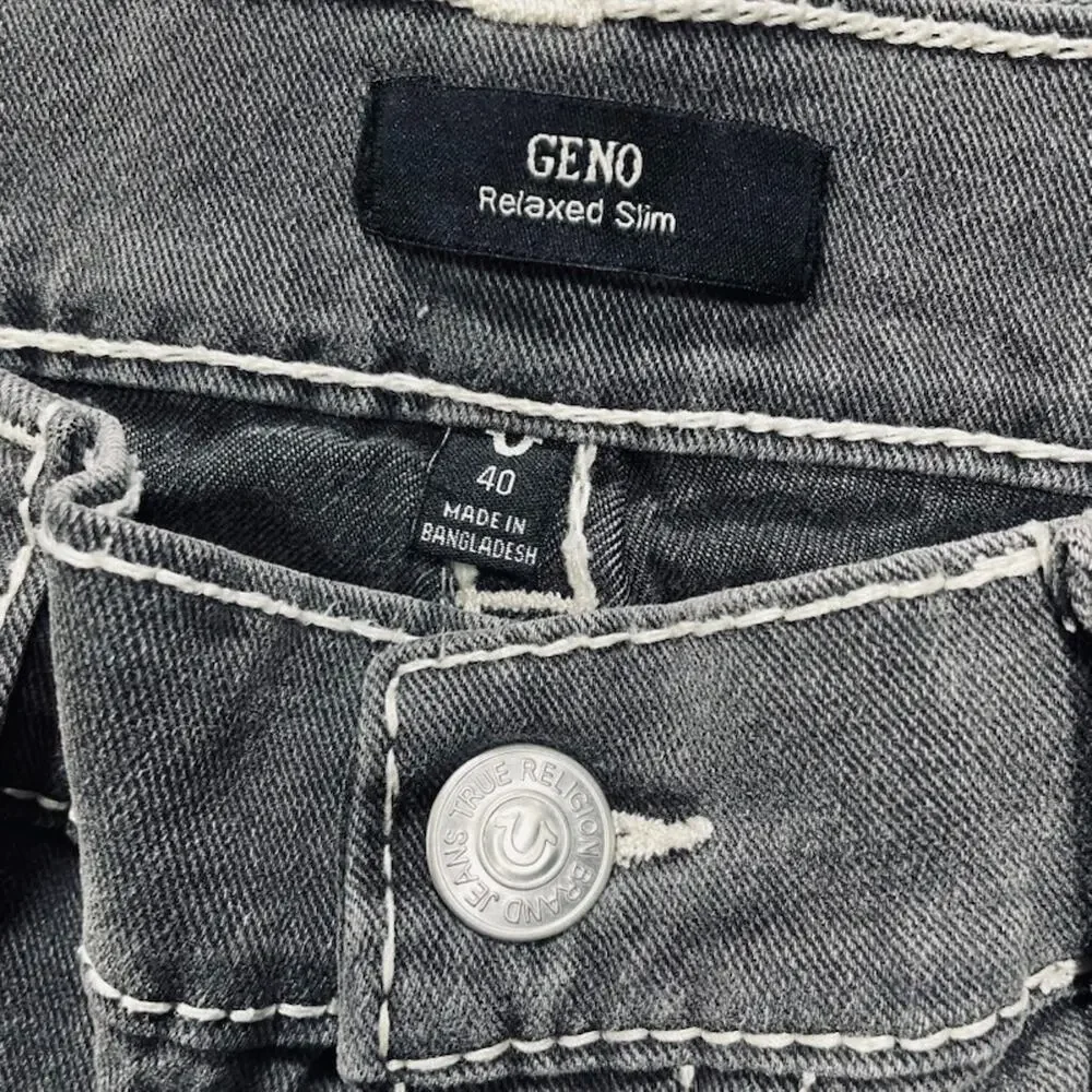 True Religion Jeans Mens 40x31 Grey Geno Relaxed Slim Big T Flap Whisker Marks